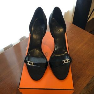 Black satin Hermes evening shoe